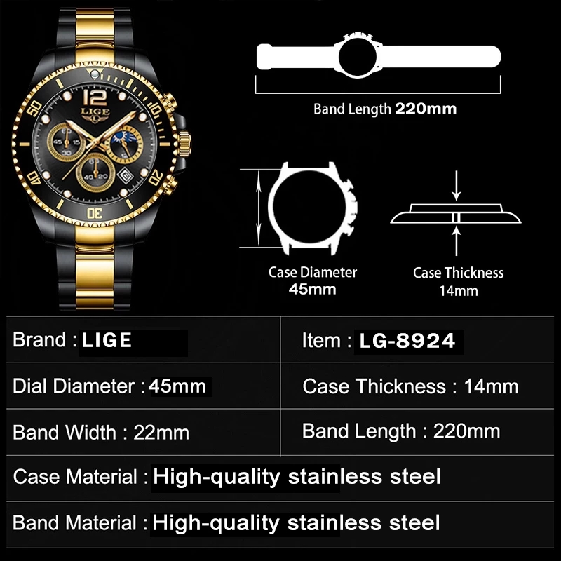 LIGE Fashion Black Gold Clock  - Luxury Watch Gold And Black 评论和价格